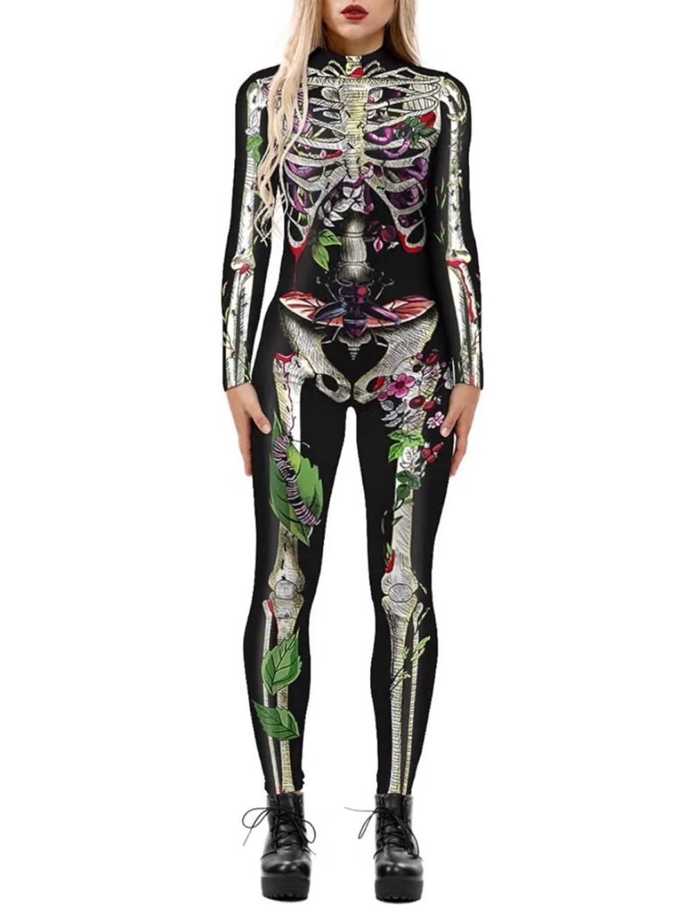Floral Skeleton Print Black Jumpsuit